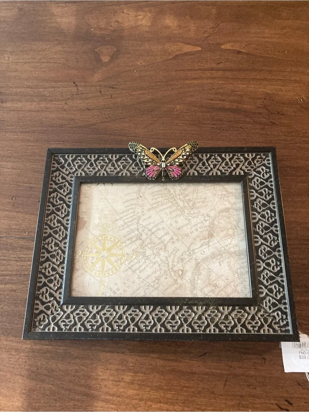 Carved Black Picture Frame with Pink and Gold jeweled Butterfly Accent